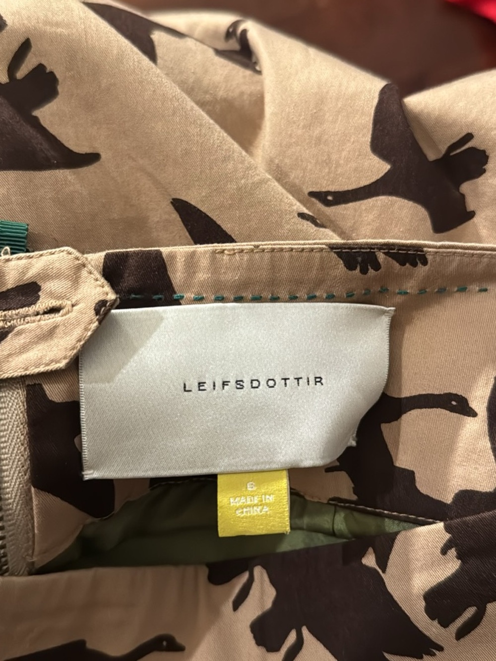 leifsdottir Beige Skirt with Dark Brown Bird Print & Green Lace Hem - Picture 4 of 7
